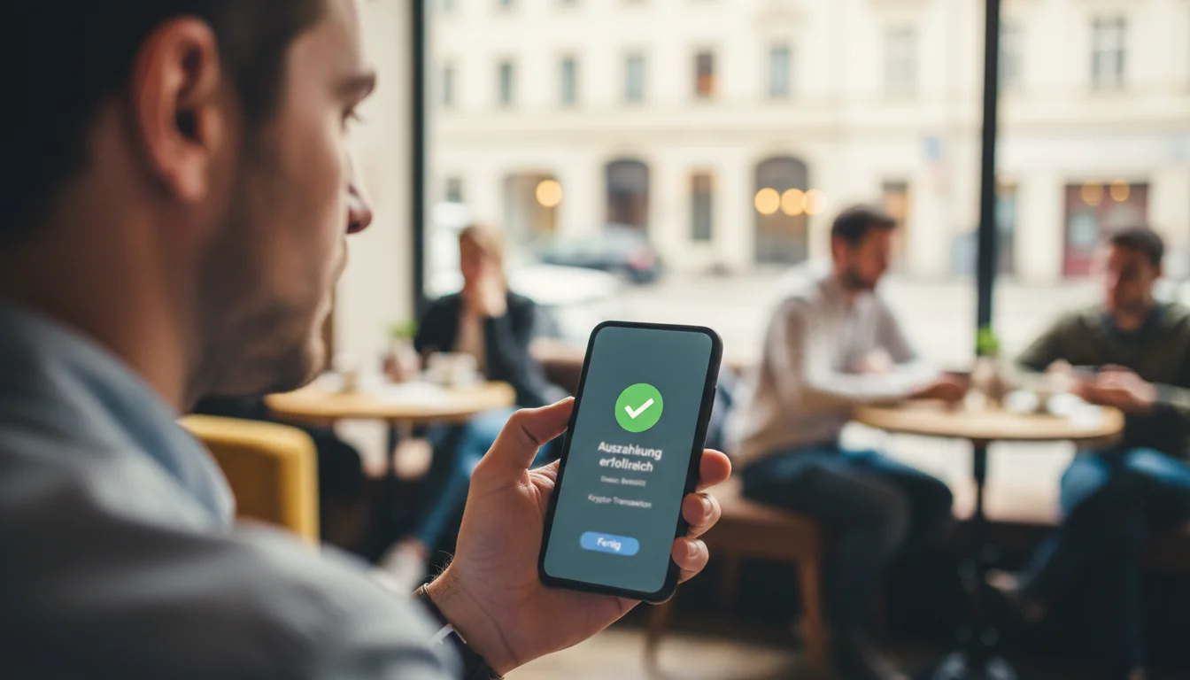 Zufriedener Mann betrachtet erfolgreiche Bitcoin-Transaktion auf dem Smartphone
