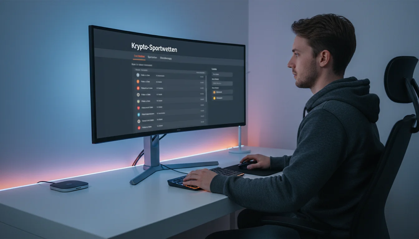 Mann analysiert Krypto-Wettplattform mit Bitcoin-Symbol am Monitor