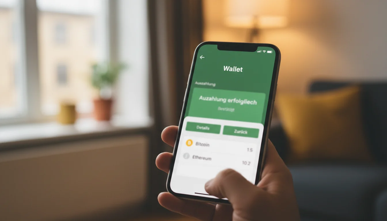 Smartphone zeigt Bitcoin-Wallet mit Auszahlungsbestätigung