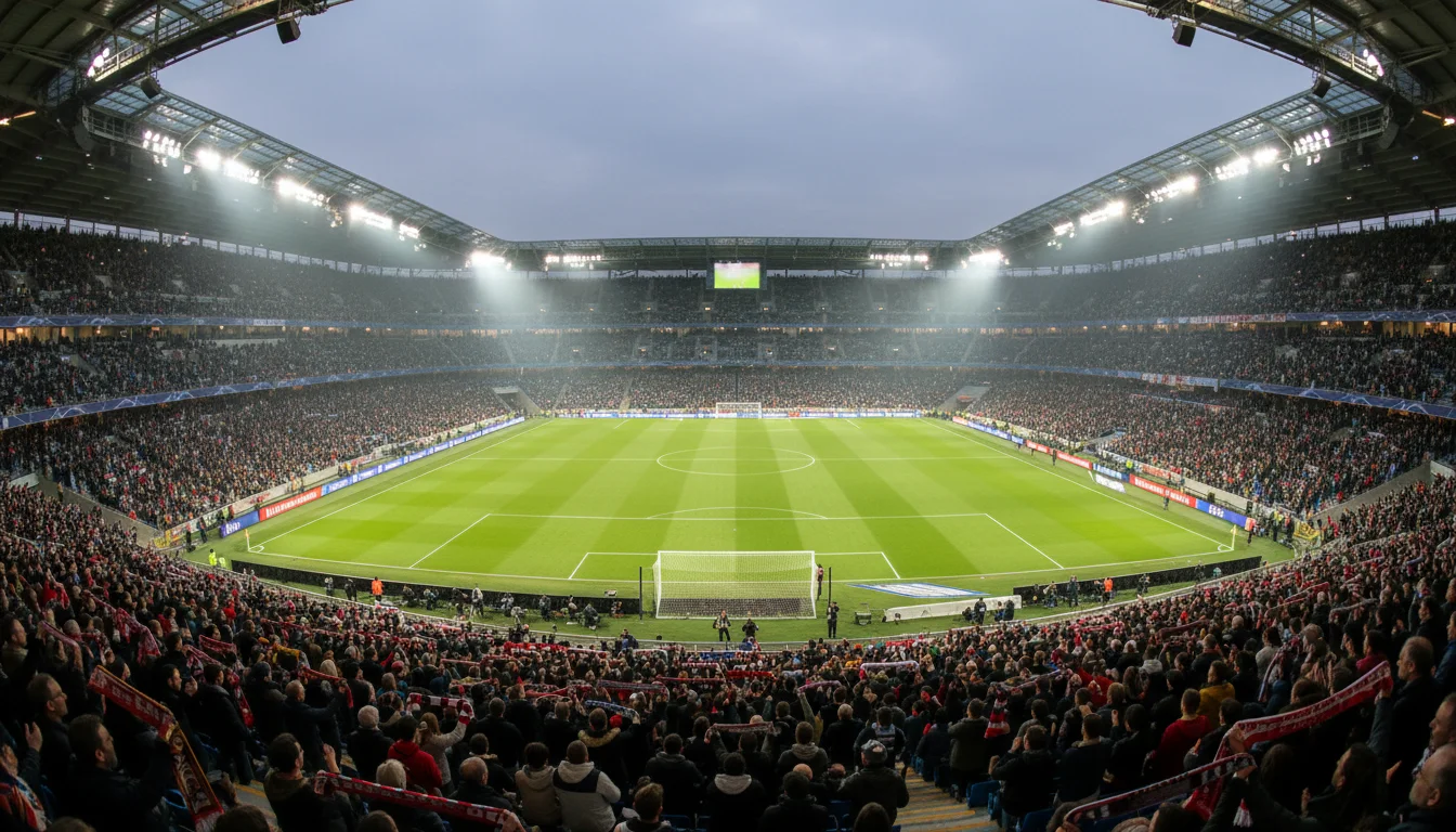 Ausverkauftes Fußballstadion bei Abendspiel unter Flutlicht