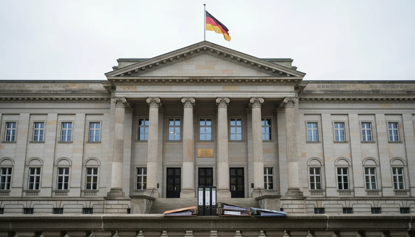 Deutsches Behördengebäude mit Flagge und Regulierungsdokumenten