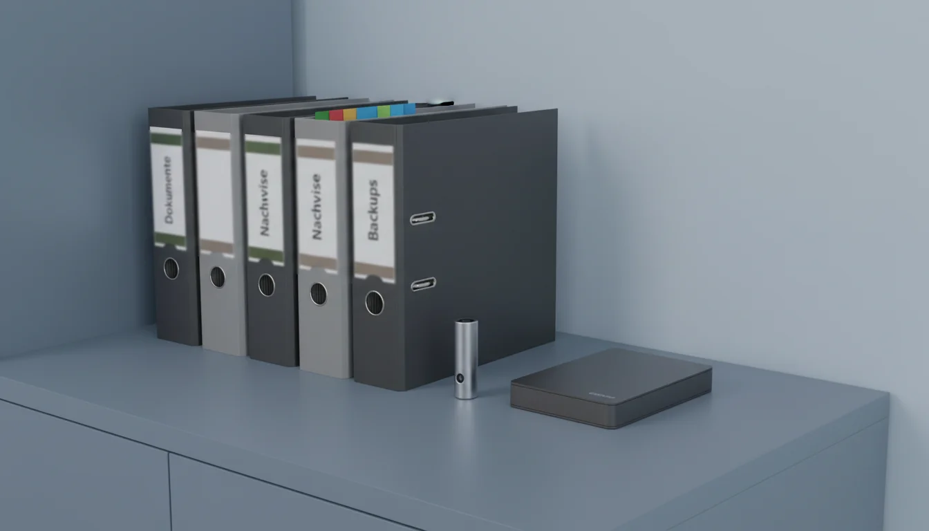 Ordner mit Dokumenten und USB-Stick für sichere Datenspeicherung