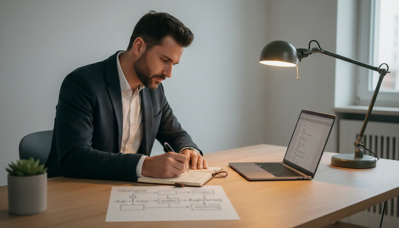 Fokussierter Analyst plant Wettstrategie mit Notizen und Laptop