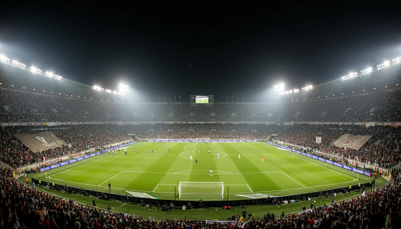 Ausverkauftes Fußballstadion bei einem wichtigen Abendspiel