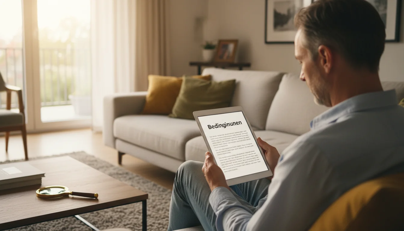 Person liest AGB-Dokument auf Tablet mit Lupe-Symbol