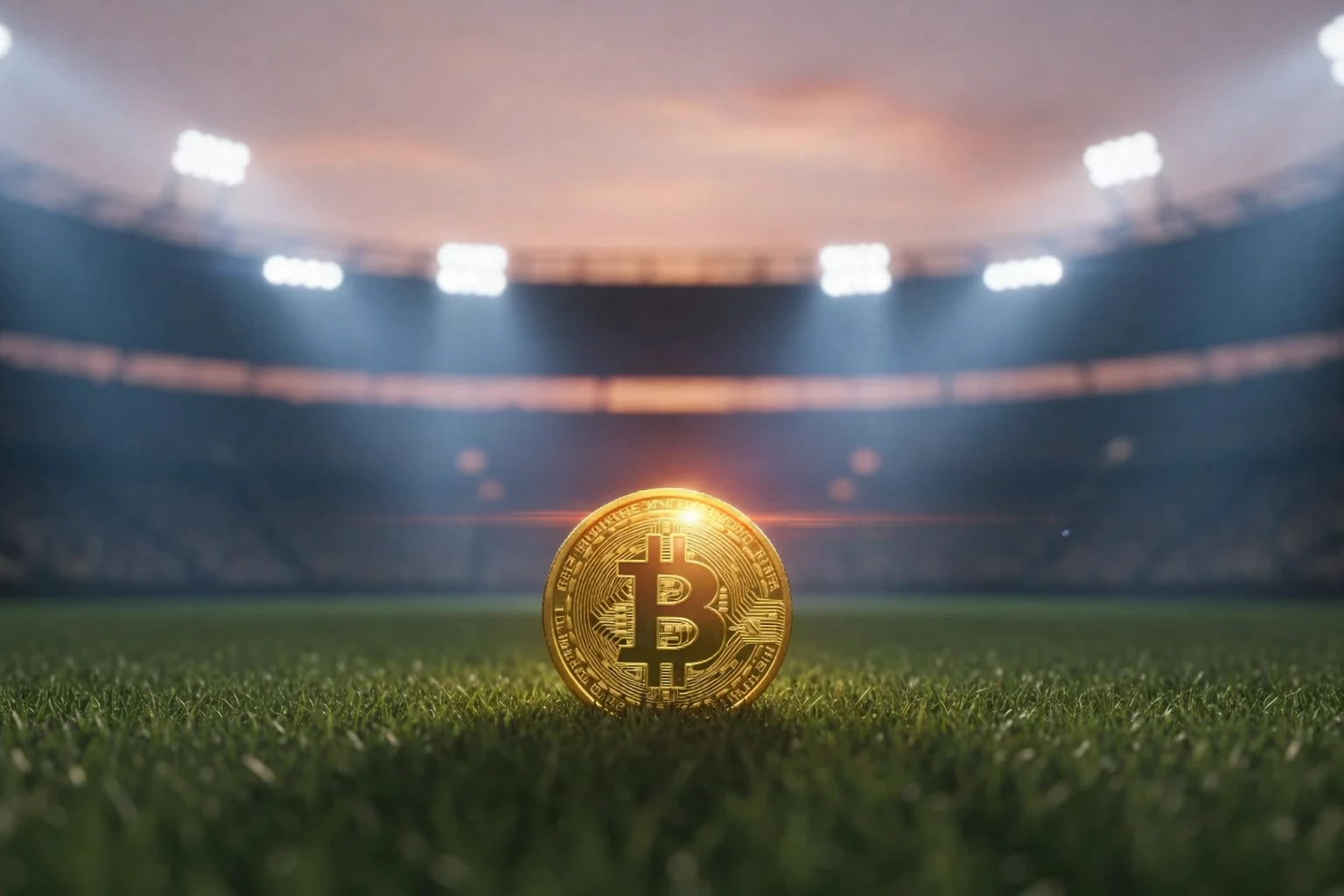 Bitcoin-Münze und Fußball vor digitalem Hintergrund mit Blockchain-Netzwerk