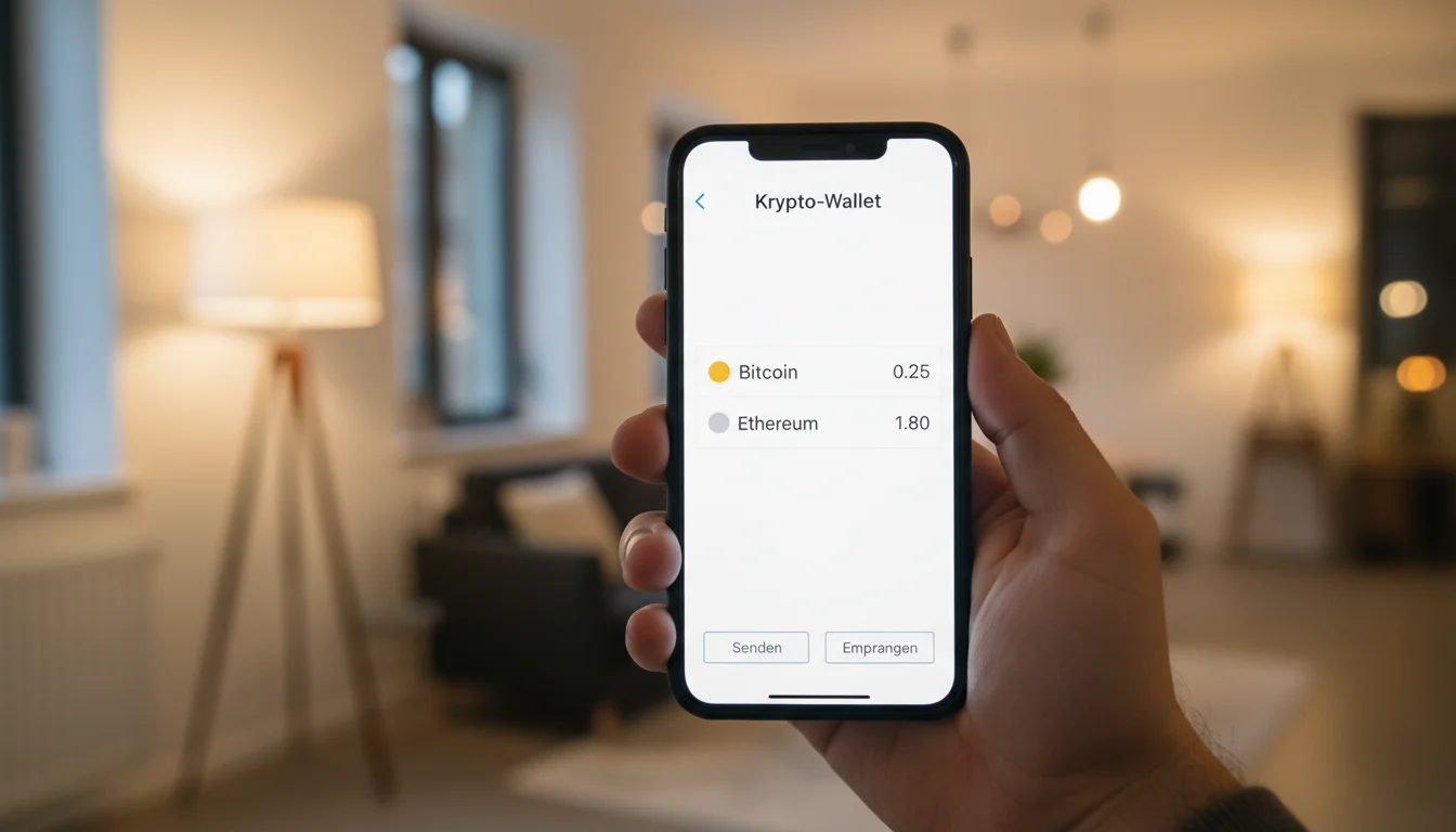 Person hält Smartphone mit Krypto-Wallet und Bitcoin-Symbol