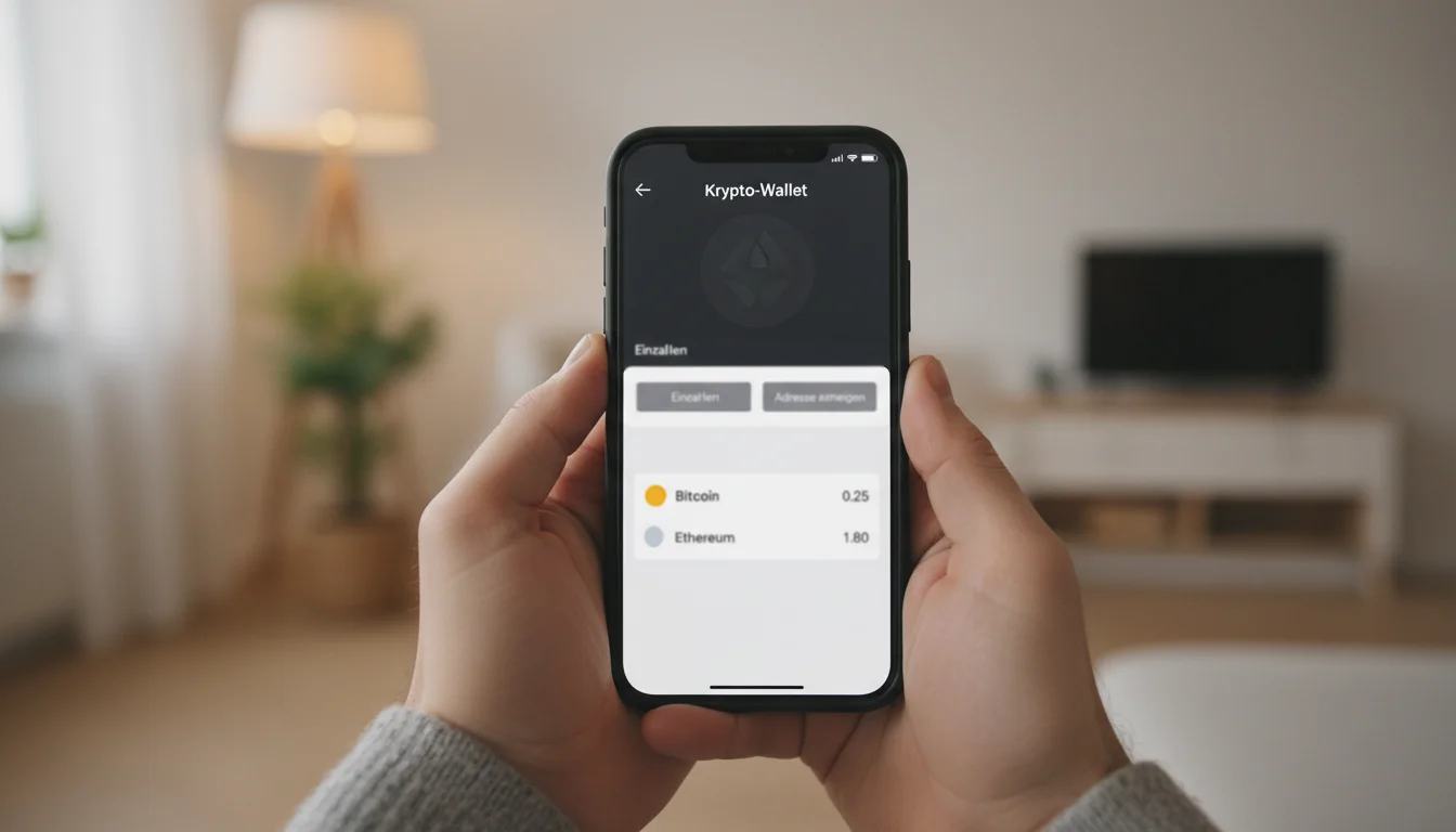 Smartphone zeigt Krypto-Wallet mit Bitcoin-Einzahlung