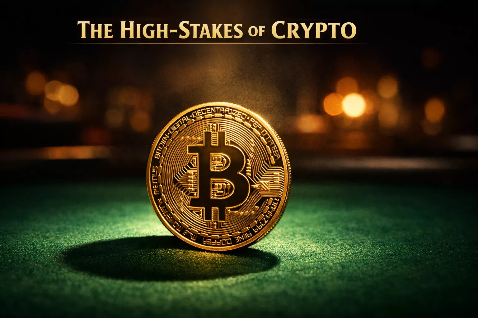 Bitcoin-Münze auf einem Pokertisch mit dramatischer Beleuchtung