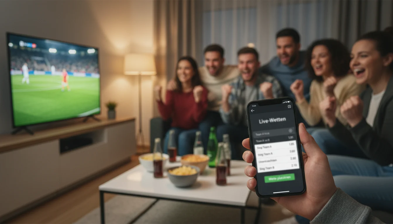 Freunde schauen gemeinsam ein Fußballspiel und verfolgen Live-Wetten