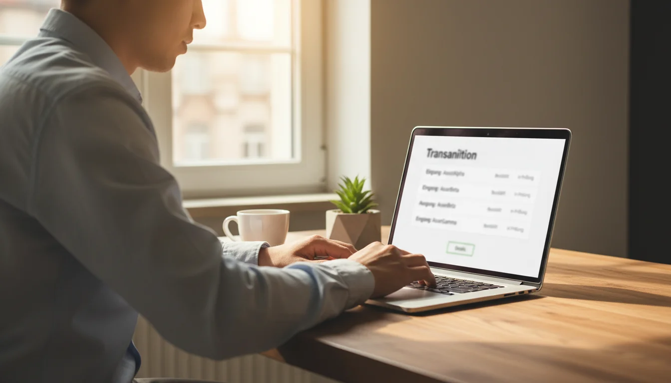 Person überprüft Krypto-Transaktion am Laptop