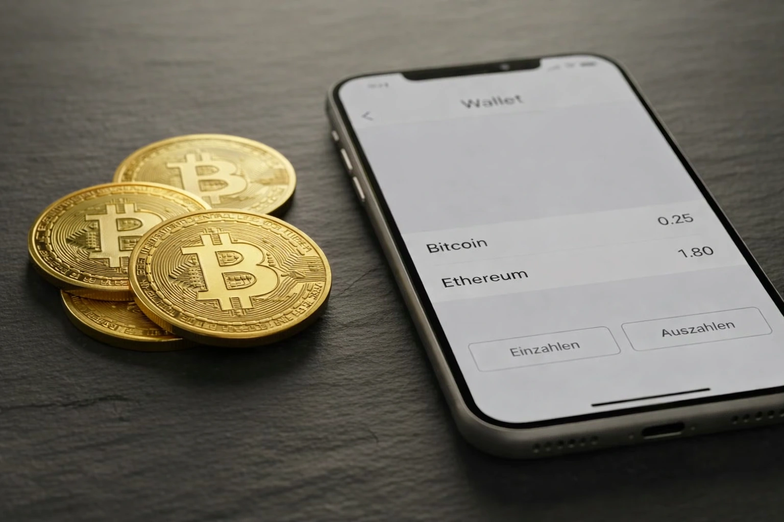 Goldene Bitcoin-Münzen neben einem Smartphone mit Wallet-App