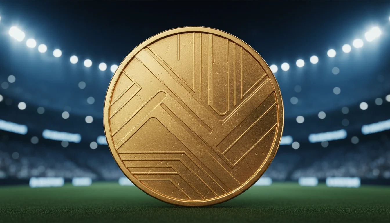 Bitcoin-Münze vor einem Hintergrund mit Sportereignissen