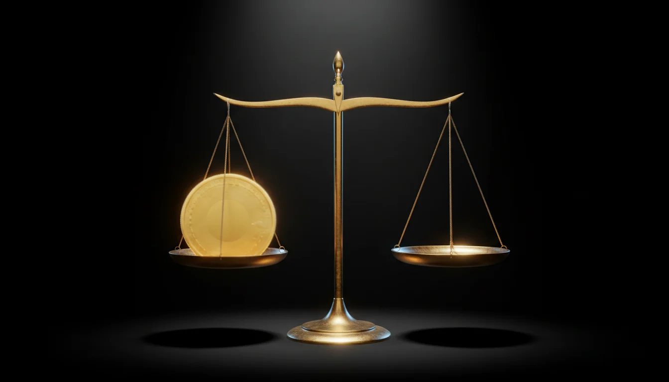 Waage der Gerechtigkeit neben einem Bitcoin-Symbol