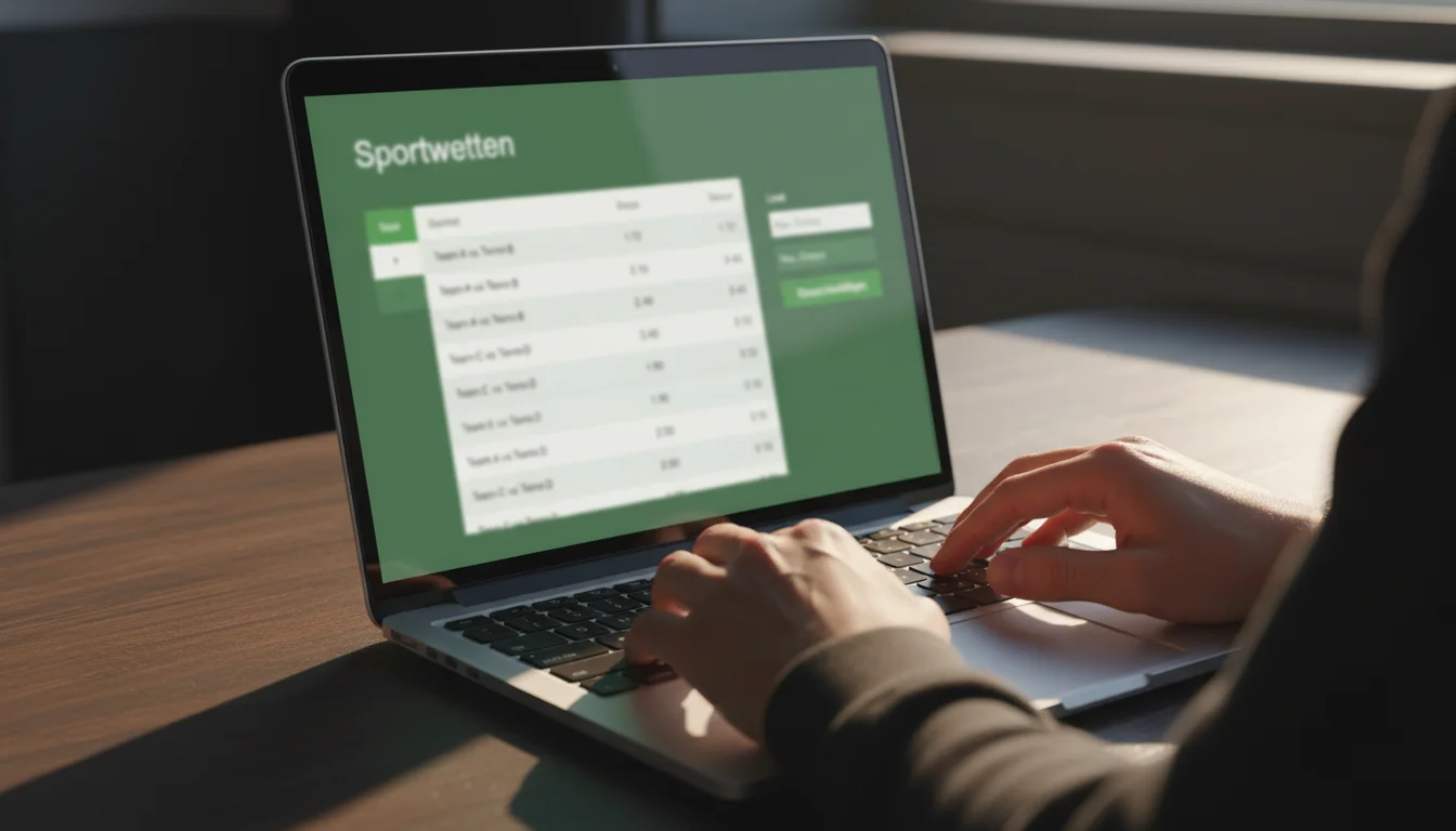 Laptop mit Sportwetten-Interface und Kryptowährungssymbolen