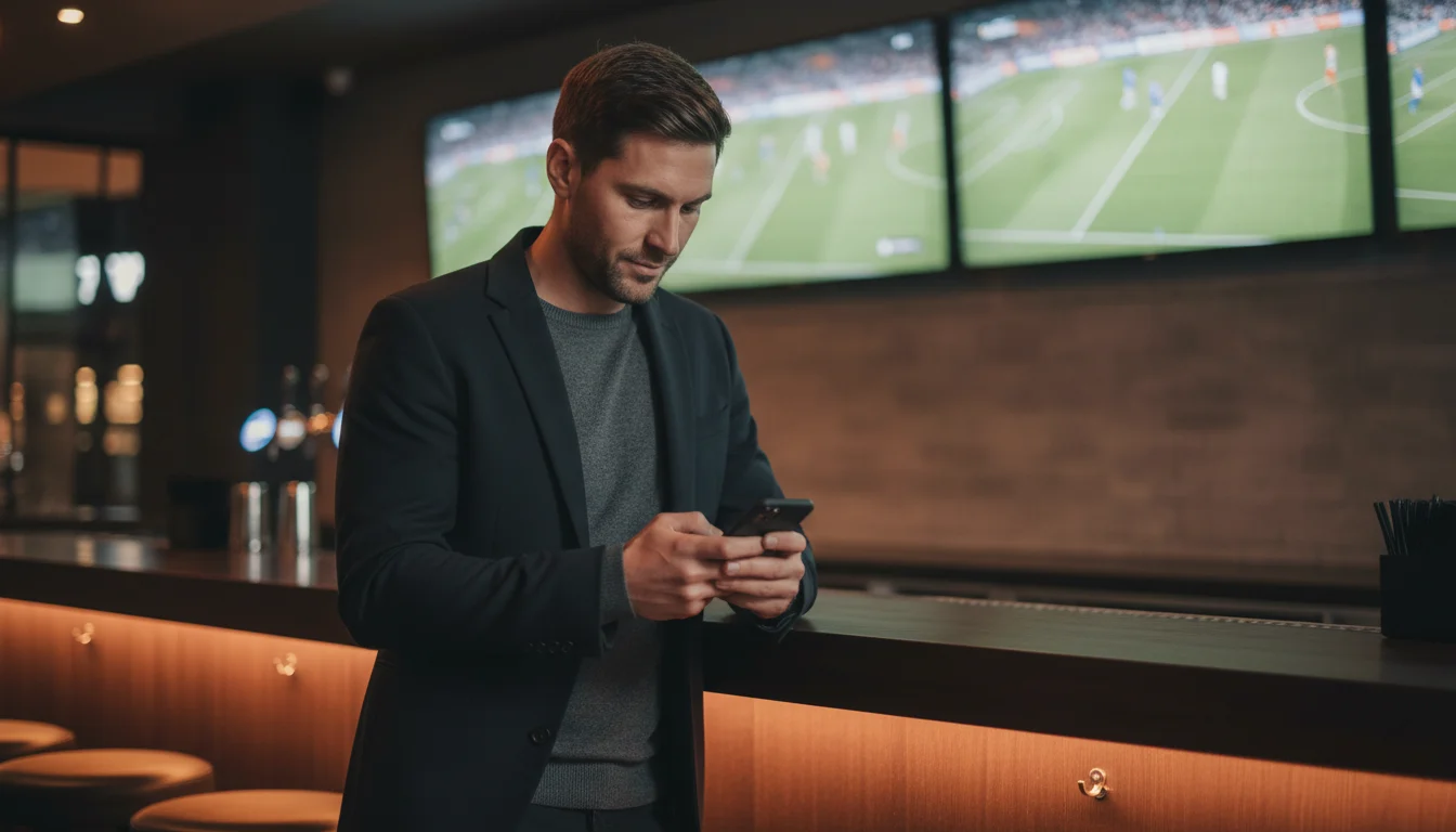 Selbstbewusster Wetter mit Smartphone vor Sportbildschirmen