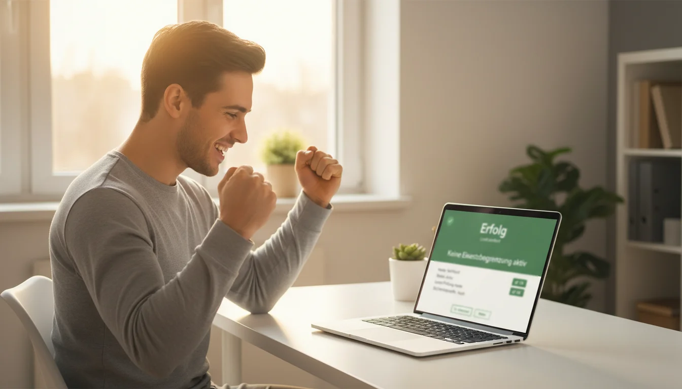 Person feiert am Laptop mit erhobenen Armen