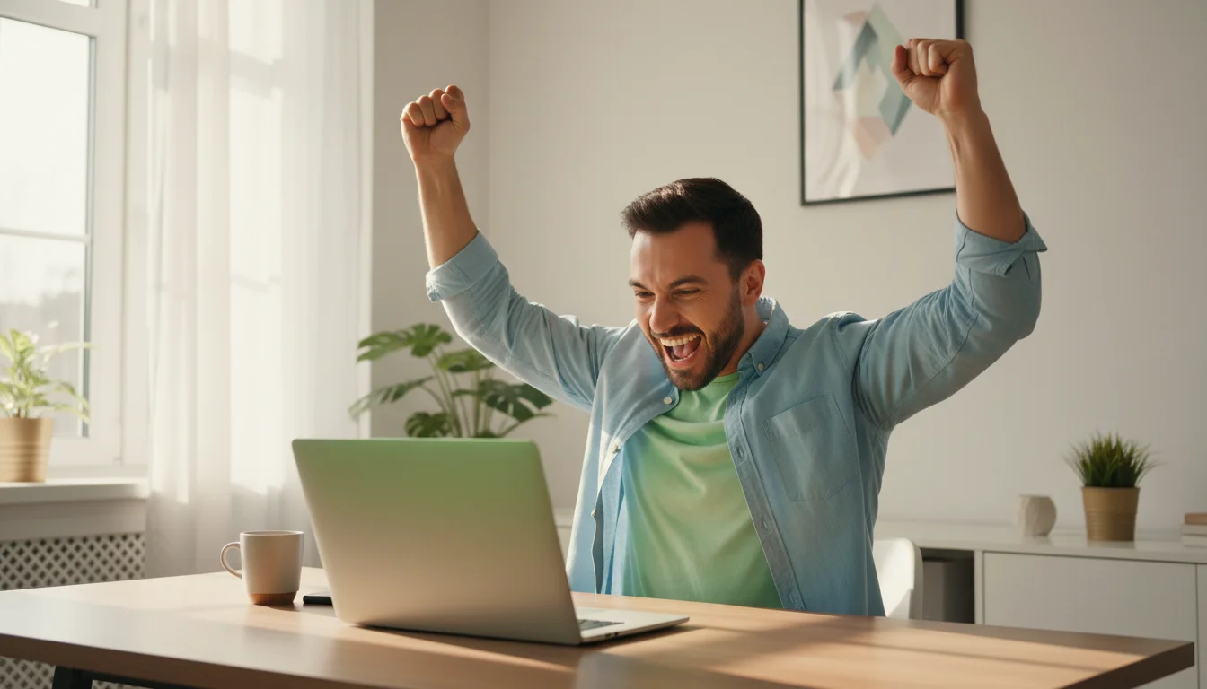 Erfolgreicher Wetter feiert großen Gewinn am Laptop
