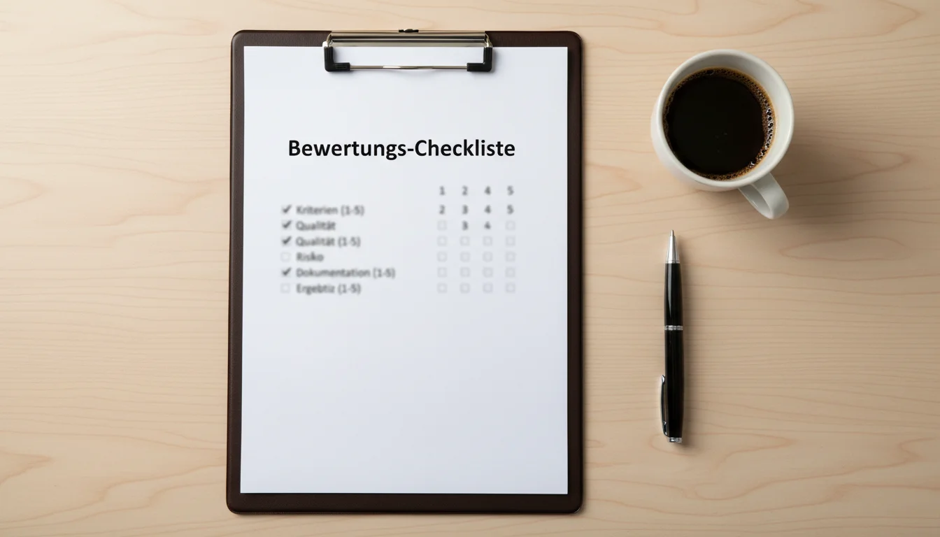 Bewertungsbogen mit Checkliste für Buchmacher-Test auf einem Schreibtisch