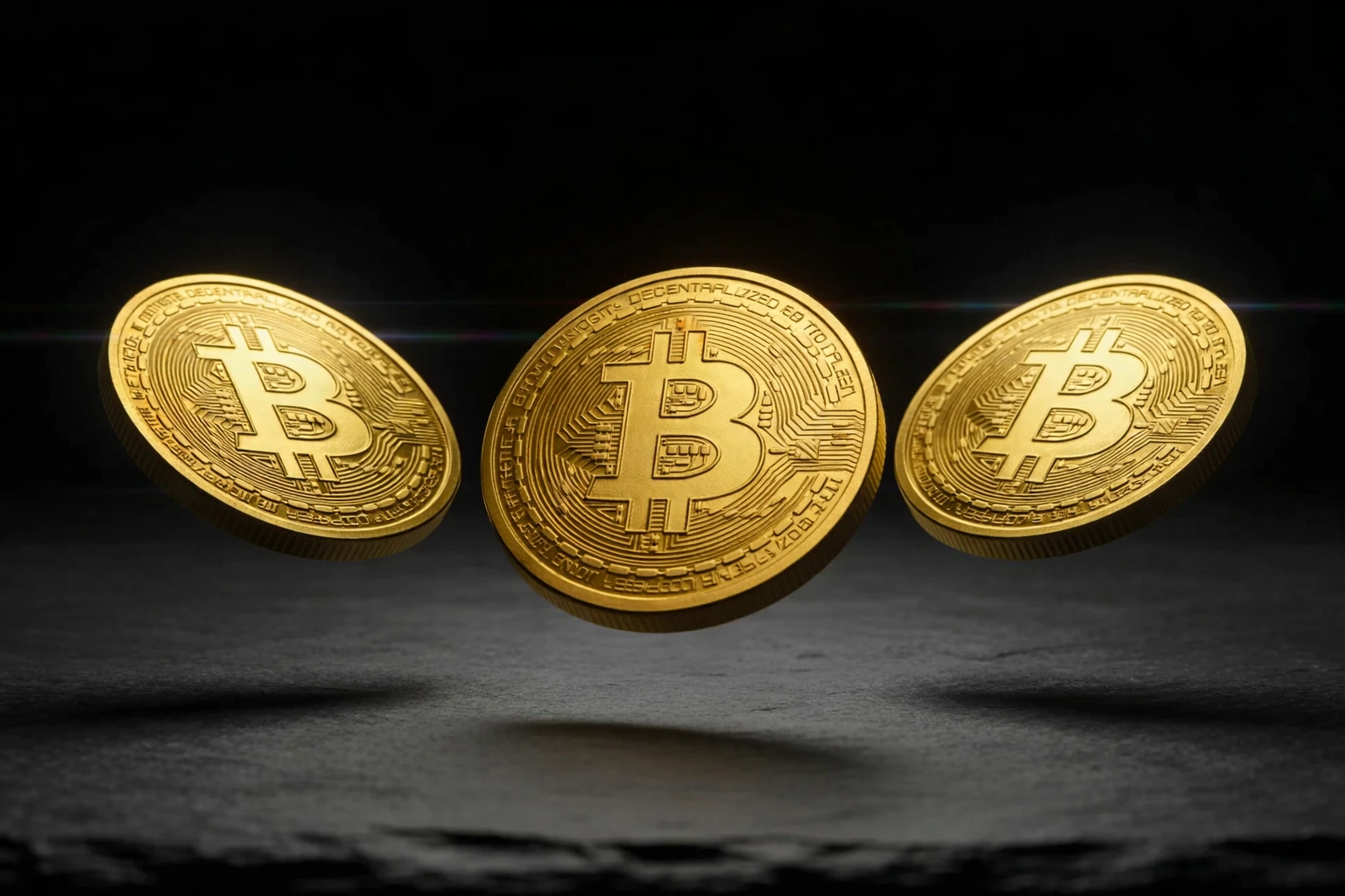 Physische Bitcoin- und Ethereum-Münzen nebeneinander auf dunklem Hintergrund