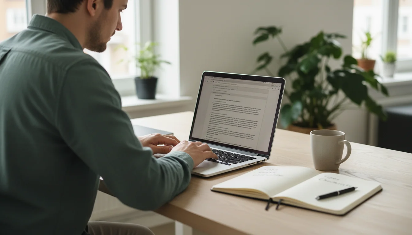 Person recherchiert konzentriert am Laptop mit Notizbuch