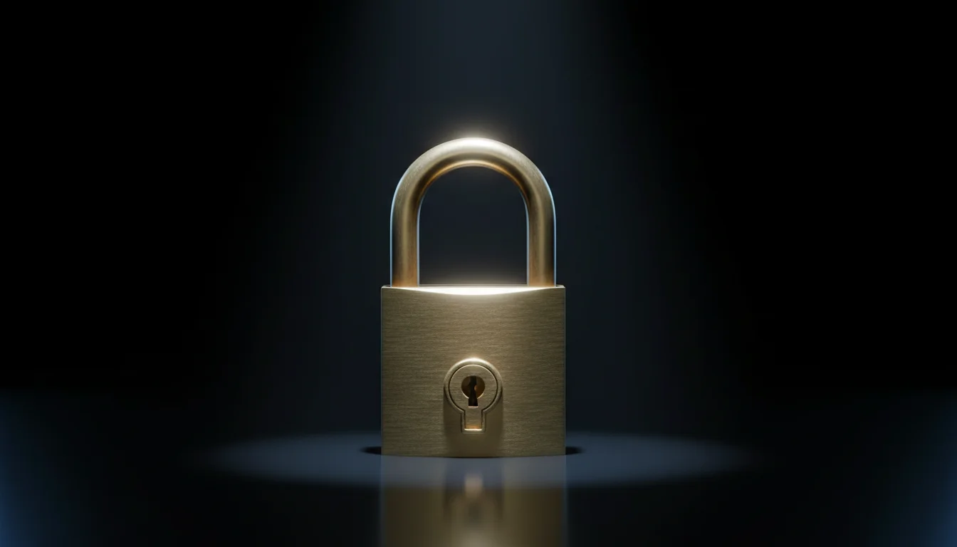 Digitales Vorhängeschloss mit Schutzschild-Symbol vor binärem Code-Hintergrund