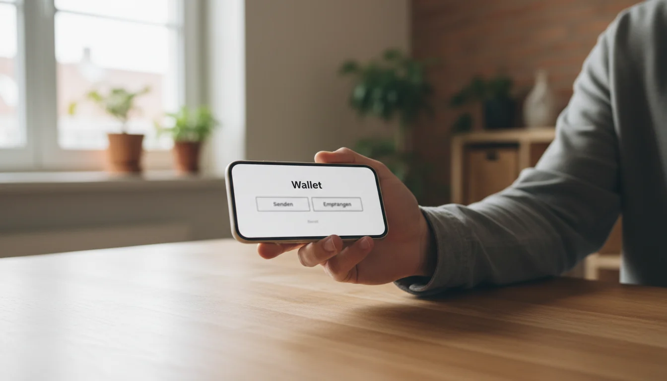 Hand hält Smartphone mit geöffneter Krypto-Wallet-App und Einzahlungsbildschirm