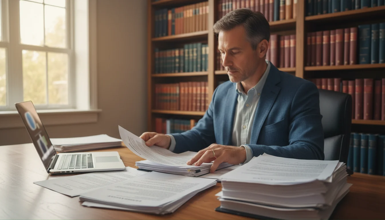 Person liest rechtliche Dokumente am Schreibtisch mit Laptop