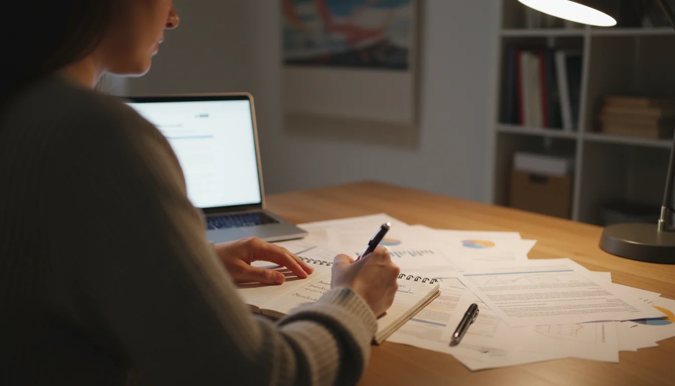 Person am Schreibtisch mit Dokumenten und Laptop bei der Recherche