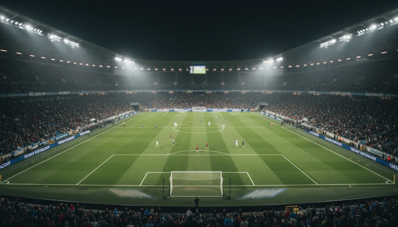 Blick auf ein vollbesetztes Fußballstadion bei Flutlicht