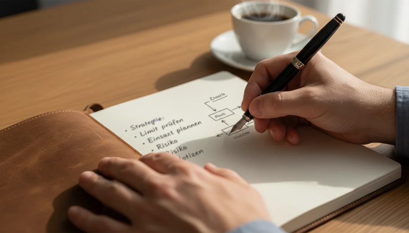 Person macht strategische Notizen in einem Notizbuch