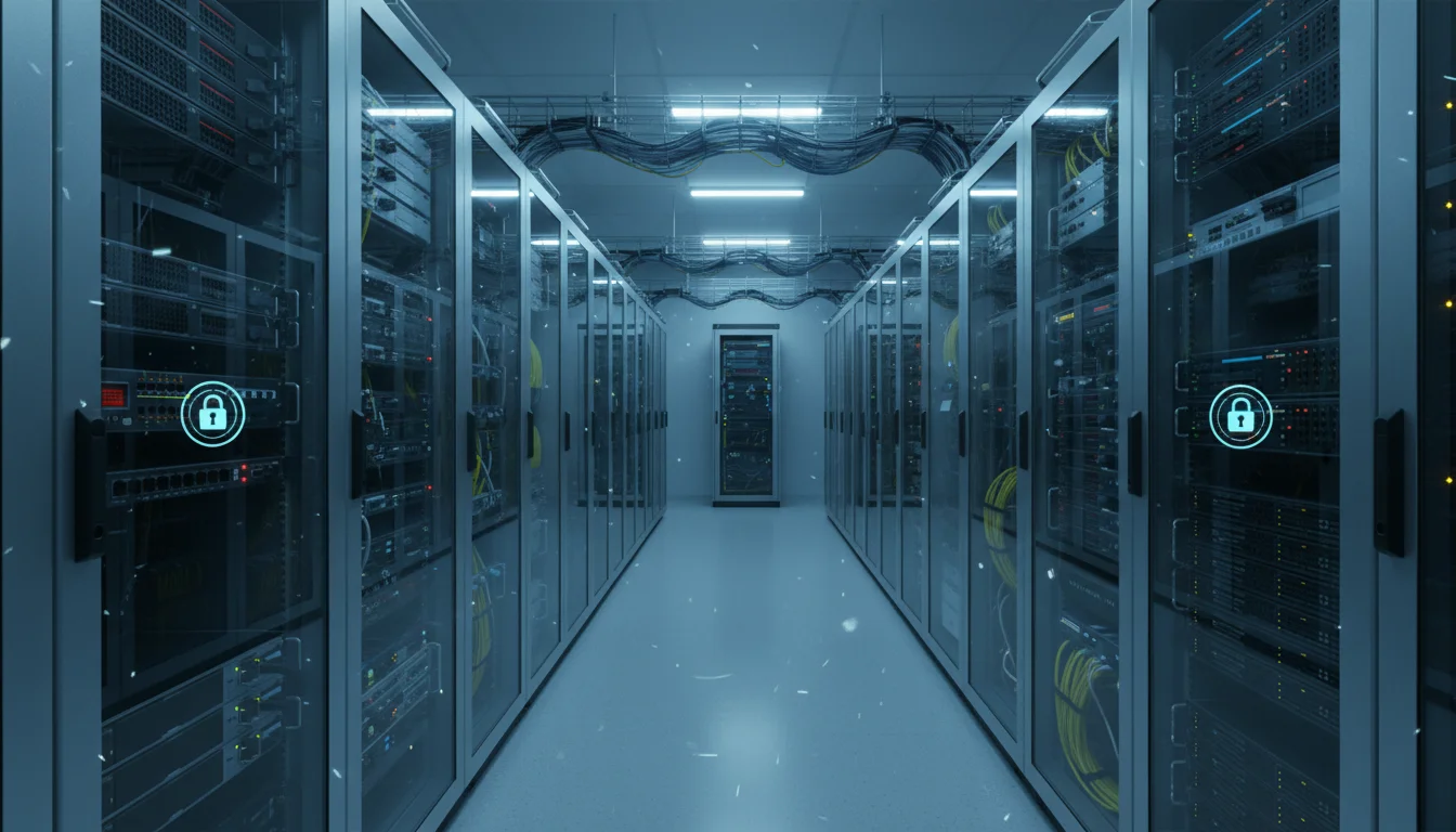 Server-Raum mit sicheren Datenspeichern und Schloss-Symbolen