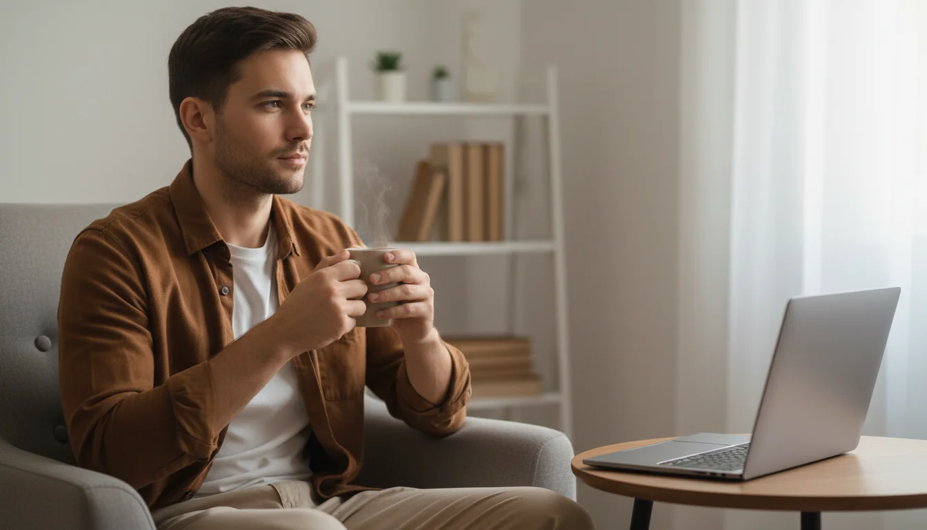 Nachdenklicher Mann macht Pause vom Laptop mit Kaffeetasse