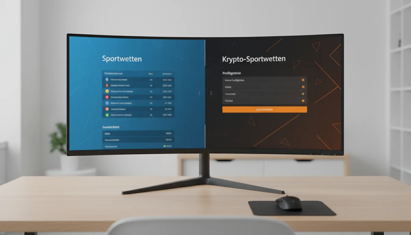 Geteilter Bildschirm zeigt traditionelle und Krypto-Wettplattform nebeneinander