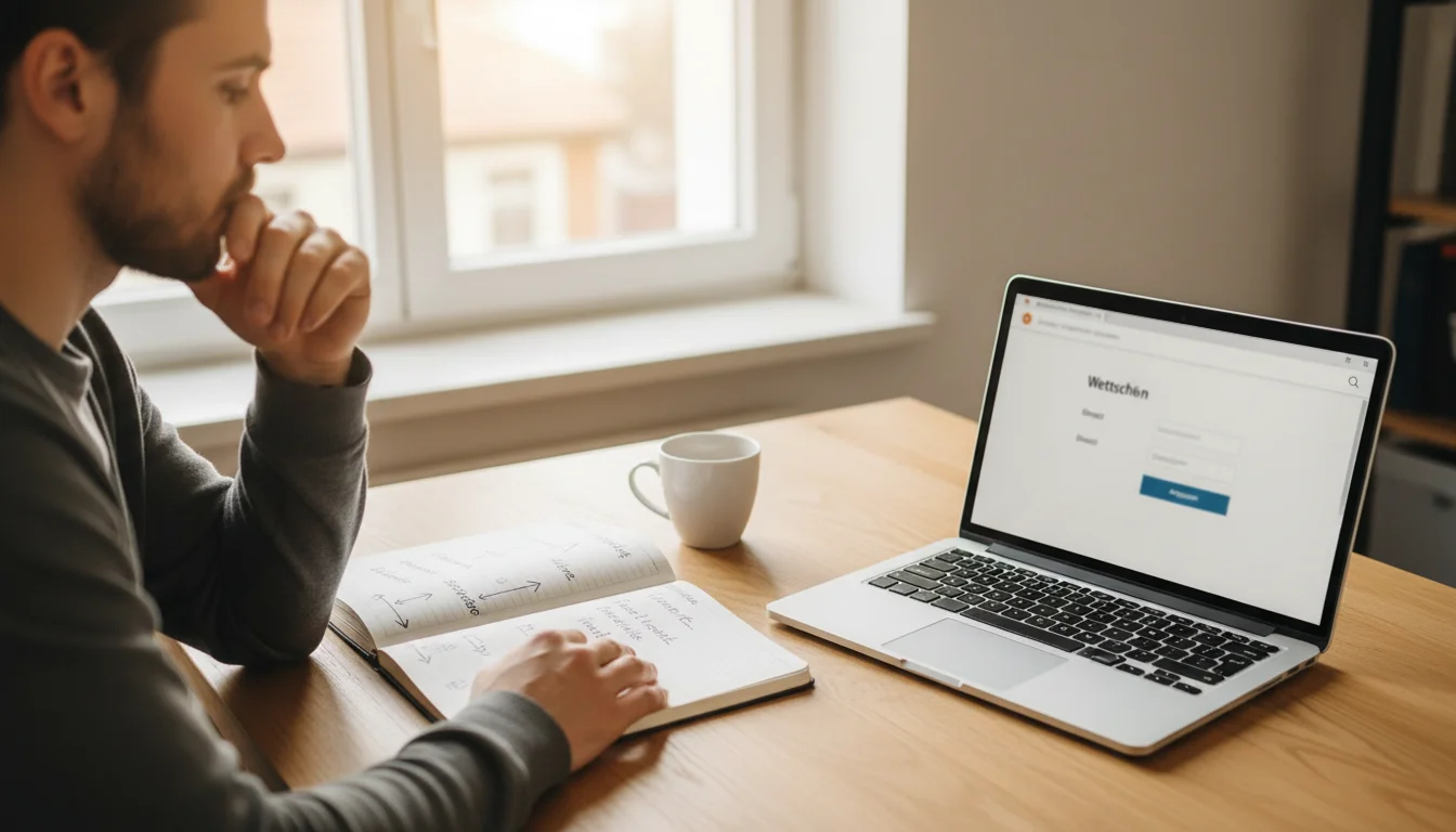 Person plant Wettstrategie mit Notizen und Laptop