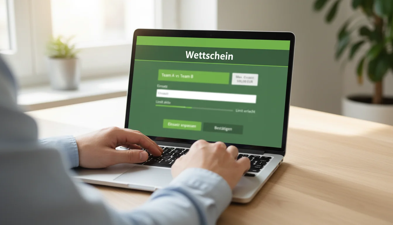 Digitaler Wettschein mit sichtbaren Limitanzeigen auf Laptop