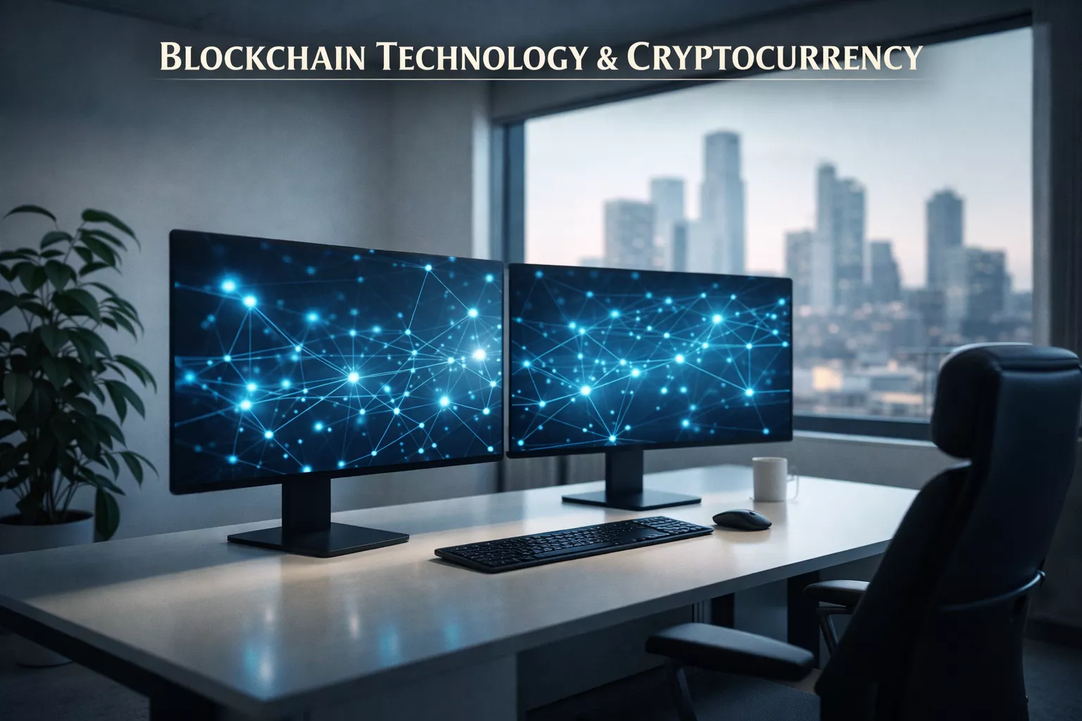 Moderner Arbeitsplatz mit Bildschirmen und Blockchain-Visualisierung