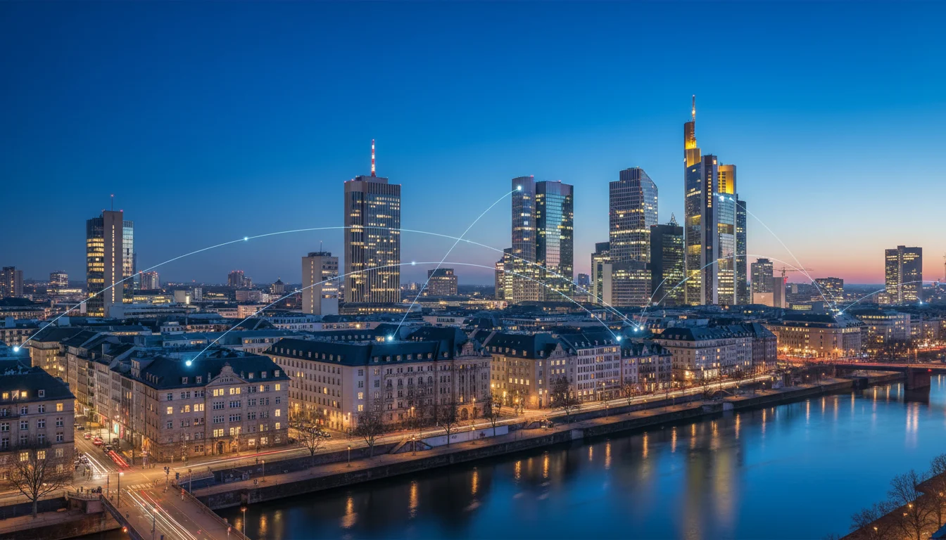 Moderne deutsche Stadtsilhouette bei Dämmerung